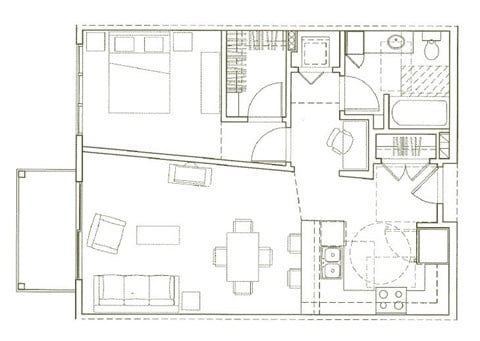 Floor plan for 1 bed, 1 bath, 738 sqft